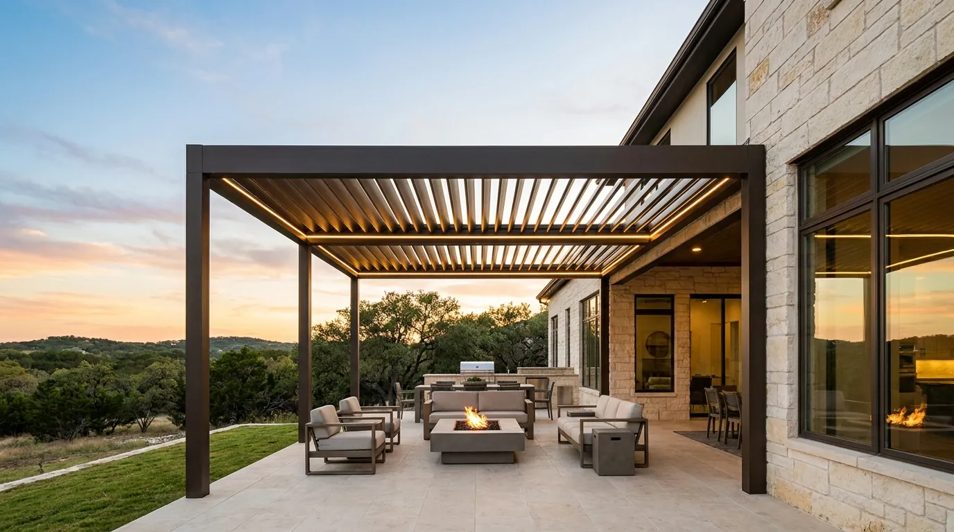 A completed XPRT Outdoor louvered pergola at dusk